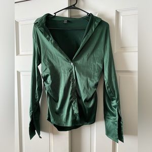 Shein medium emerald green satin button up